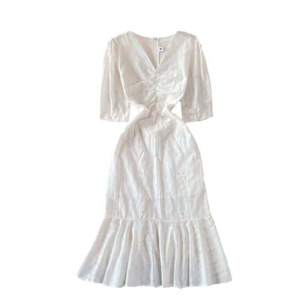 Elegant First Love White Slim Dresssummer New V-neck Waist-Controlled Slimming Sheath Fishtail Dress - Image 6