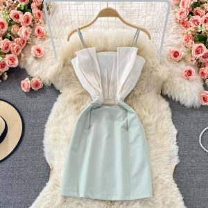 Suspender Skirt Summer New off-Neck Sleeveless High Waist Temperament Color Matching Small Hip-Wrapped Dress Dress