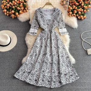 European Station Summer New Waist Slimming Temperament Youthful-Looking Sailor Collar Lace Dress High-End Swing Long Dress