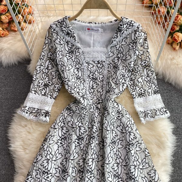 European Station Summer New Waist Slimming Temperament Youthful-Looking Sailor Collar Lace Dress High-End Swing Long Dress - Image 3