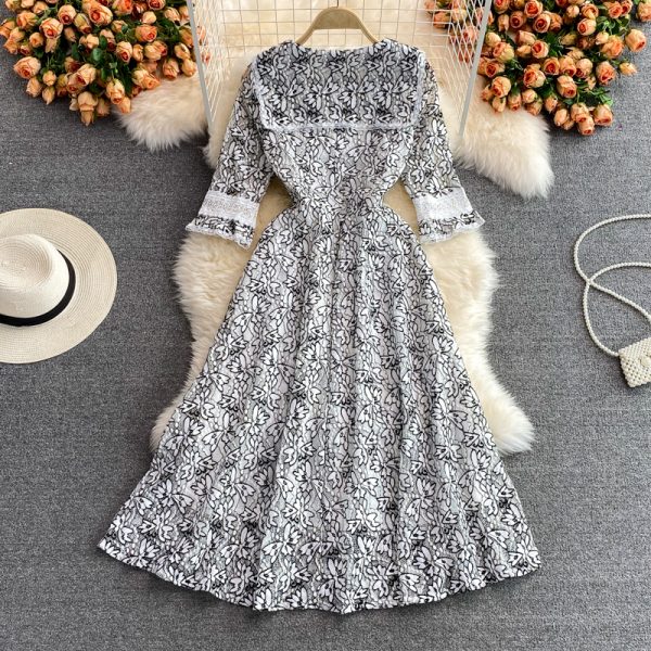 European Station Summer New Waist Slimming Temperament Youthful-Looking Sailor Collar Lace Dress High-End Swing Long Dress - Image 5