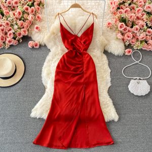 Summer Seaside Vacation Sexy Backless V-neck Slimming Beach Dress Suspender Dress Slit Formal Dress Long Dress Fashion Dress