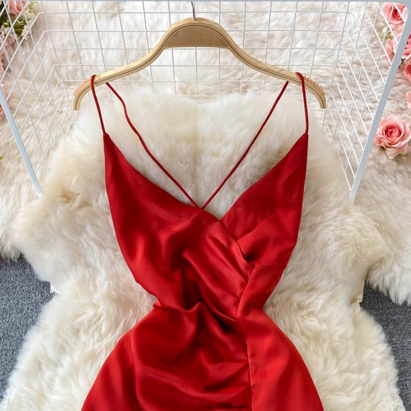 Summer Seaside Vacation Sexy Backless V-neck Slimming Beach Dress Suspender Dress Slit Formal Dress Long Dress Fashion Dress - Image 3