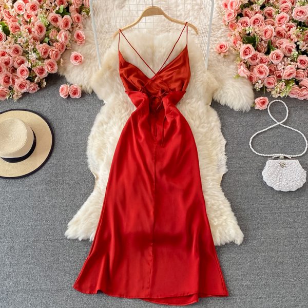 Summer Seaside Vacation Sexy Backless V-neck Slimming Beach Dress Suspender Dress Slit Formal Dress Long Dress Fashion Dress - Image 5