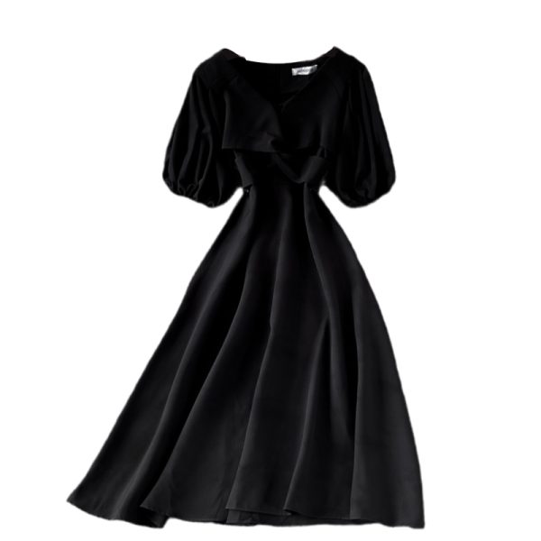 Hepburn Gentle First Love V-neck Dress Female Summer French Waist Slimming Retro Puff Sleeve Temperament Midi Skirt - Image 6