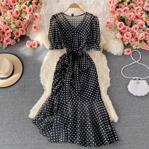 Summer New Elegant French Tight Waist Slimming Puff Sleeve V-Collar Polka Dot Chiffon Dress Sheath Dress