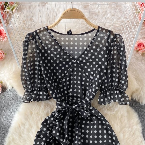Summer New Elegant French Tight Waist Slimming Puff Sleeve V-Collar Polka Dot Chiffon Dress Sheath Dress - Image 3