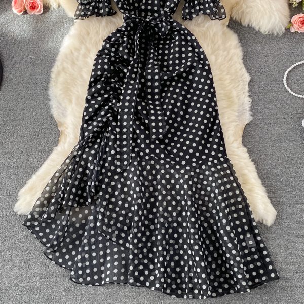 Summer New Elegant French Tight Waist Slimming Puff Sleeve V-Collar Polka Dot Chiffon Dress Sheath Dress - Image 4