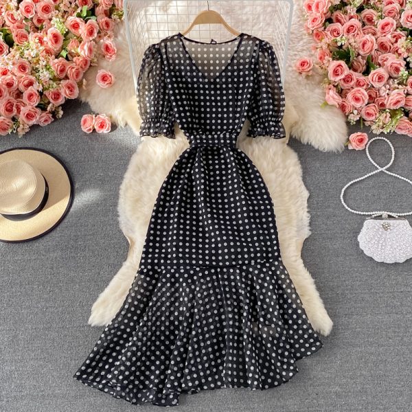 Summer New Elegant French Tight Waist Slimming Puff Sleeve V-Collar Polka Dot Chiffon Dress Sheath Dress - Image 5