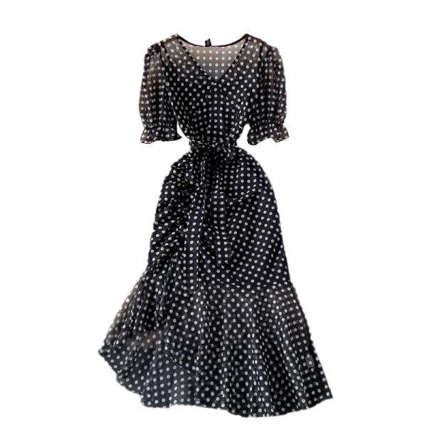 Summer New Elegant French Tight Waist Slimming Puff Sleeve V-Collar Polka Dot Chiffon Dress Sheath Dress - Image 6
