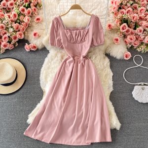 Square Collar Puff Sleeve Dress French Style Retro Waist-Controlled A- line Skirt Summer Gentle Sweet Mid-Length Skirt for Women