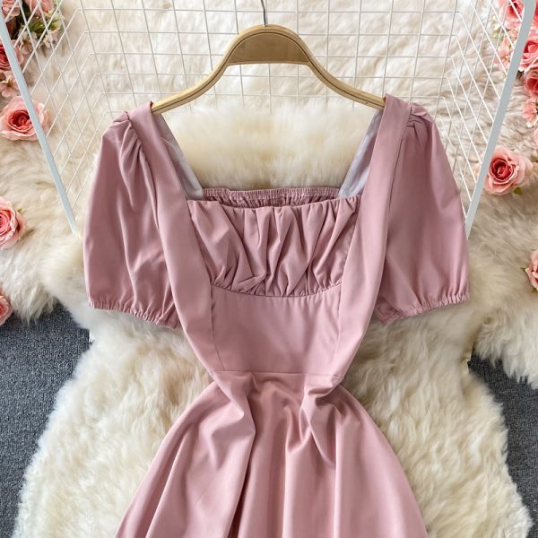 Square Collar Puff Sleeve Dress French Style Retro Waist-Controlled A- line Skirt Summer Gentle Sweet Mid-Length Skirt for Women - Image 3