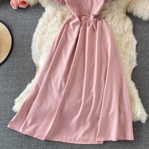 Square Collar Puff Sleeve Dress French Style Retro Waist-Controlled A- line Skirt Summer Gentle Sweet Mid-Length Skirt for Women - Image 4