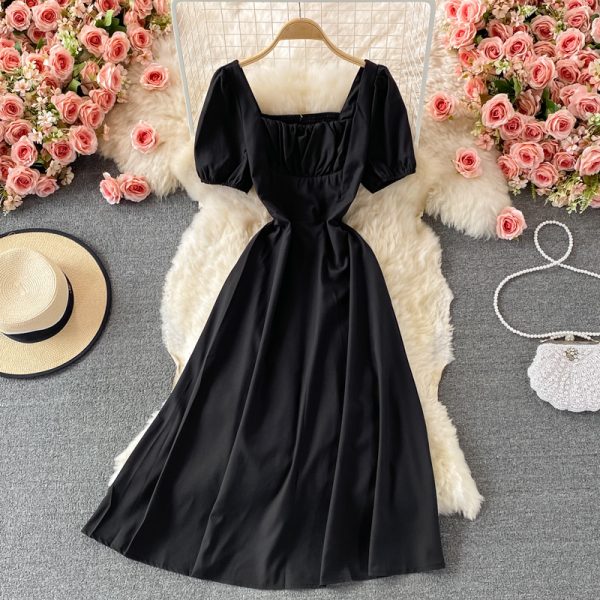 Square Collar Puff Sleeve Dress French Style Retro Waist-Controlled A- line Skirt Summer Gentle Sweet Mid-Length Skirt for Women - Image 5