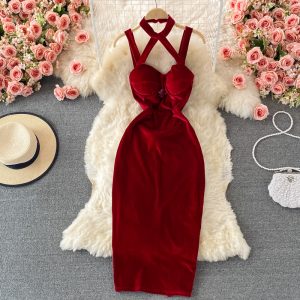 Autumn and Winter New Korean Style Sexy Deep Banquet Dress Halter Off-the-Shoulder Slim Hip Spaghetti Straps Dress