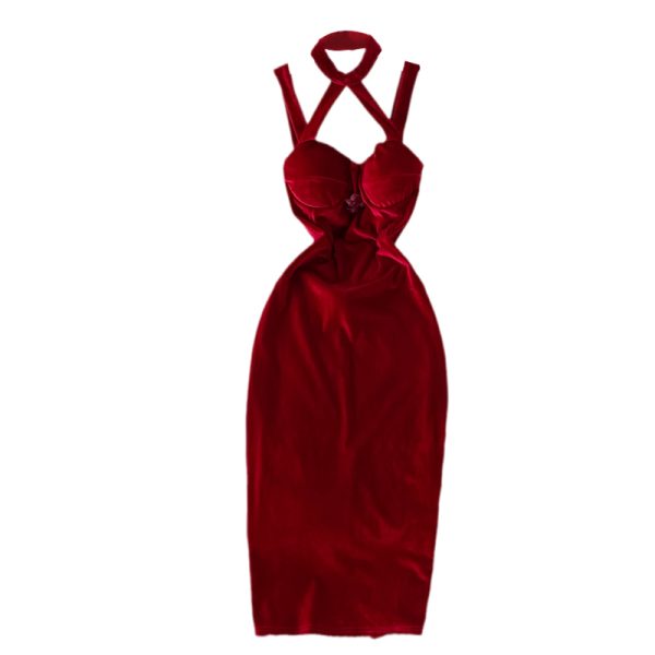 Autumn and Winter New Korean Style Sexy Deep Banquet Dress Halter Off-the-Shoulder Slim Hip Spaghetti Straps Dress - Image 6