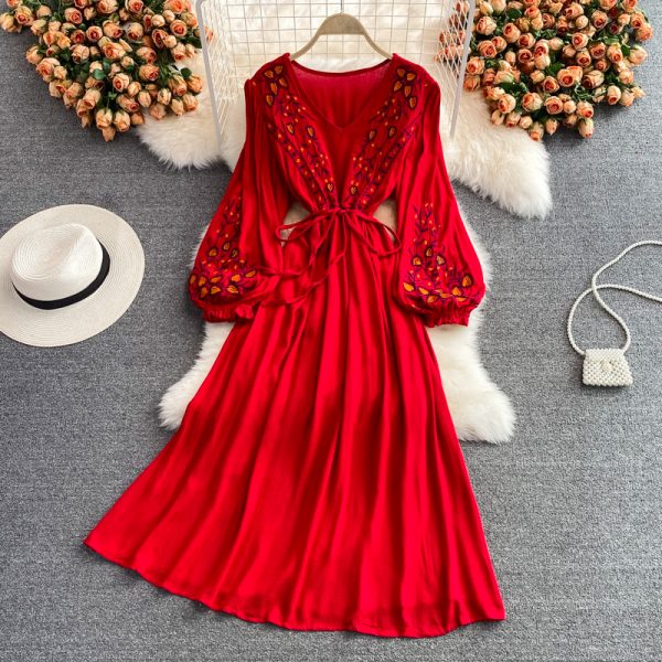 Ethnic Embroidery Temperament V-neck Lace-up Waist-Controlled Slimming Trip Shoot Holiday Dress Puff Sleeve Swing Long Dress - Image 3