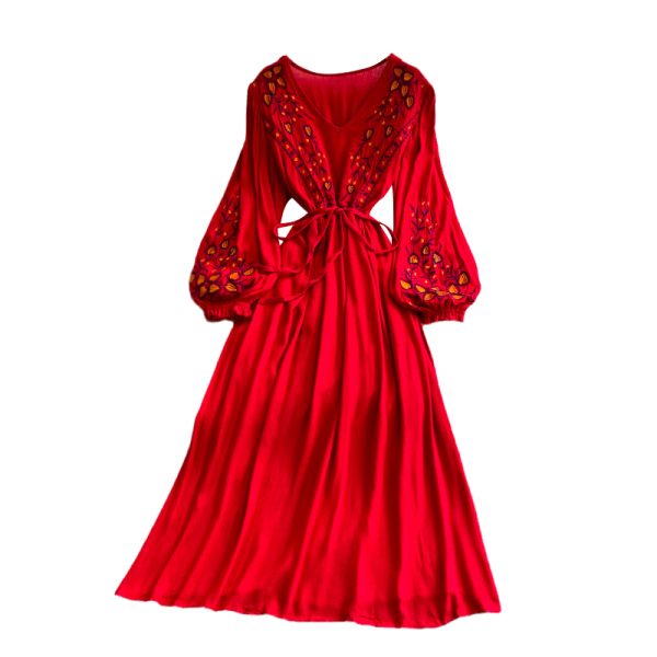 Ethnic Embroidery Temperament V-neck Lace-up Waist-Controlled Slimming Trip Shoot Holiday Dress Puff Sleeve Swing Long Dress - Image 6