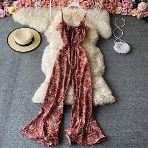 Floral wide-leg pants, high-waist flared pants trousers jumpsuits women’s one-line collar off-shoulder waist thin sling jumpsuit