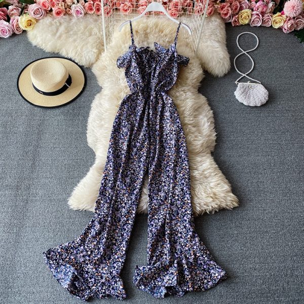 Floral wide-leg pants, high-waist flared pants trousers jumpsuits women’s one-line collar off-shoulder waist thin sling jumpsuit - Image 4
