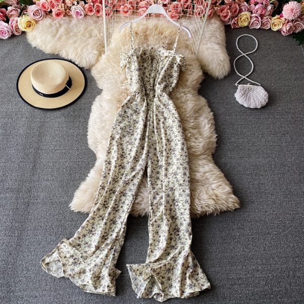 Floral wide-leg pants, high-waist flared pants trousers jumpsuits women’s one-line collar off-shoulder waist thin sling jumpsuit - Image 5