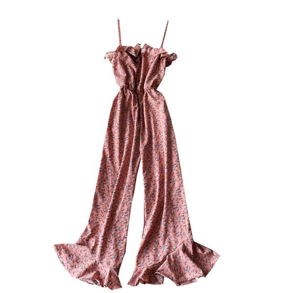 Floral wide-leg pants, high-waist flared pants trousers jumpsuits women’s one-line collar off-shoulder waist thin sling jumpsuit - Image 6