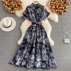 summer new lapel short-sleeved lightly cooked wind over the knee retro printing dress elegant waist big swing dress