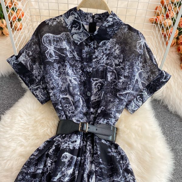 summer new lapel short-sleeved lightly cooked wind over the knee retro printing dress elegant waist big swing dress - Image 3