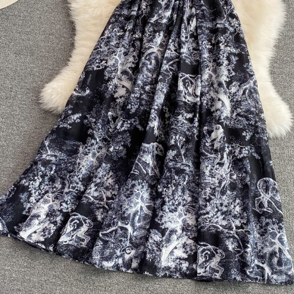 summer new lapel short-sleeved lightly cooked wind over the knee retro printing dress elegant waist big swing dress - Image 4