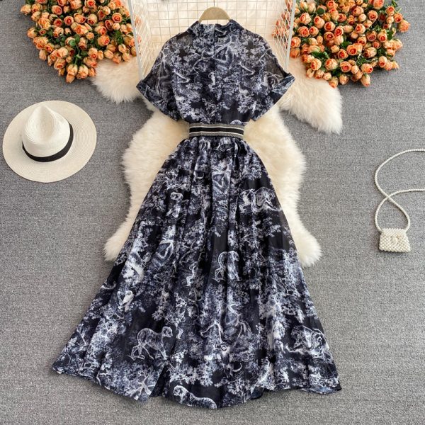 summer new lapel short-sleeved lightly cooked wind over the knee retro printing dress elegant waist big swing dress - Image 5