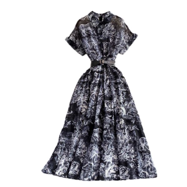 summer new lapel short-sleeved lightly cooked wind over the knee retro printing dress elegant waist big swing dress - Image 6