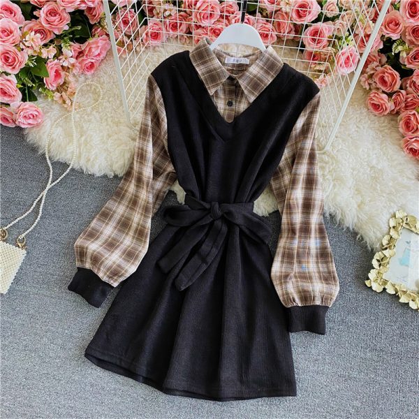 Shirt skirt female spring and autumn new fake two-piece splicing long-sleeved plaid temperament Korean style waist short skirt - Image 3