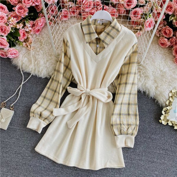 Shirt skirt female spring and autumn new fake two-piece splicing long-sleeved plaid temperament Korean style waist short skirt - Image 4