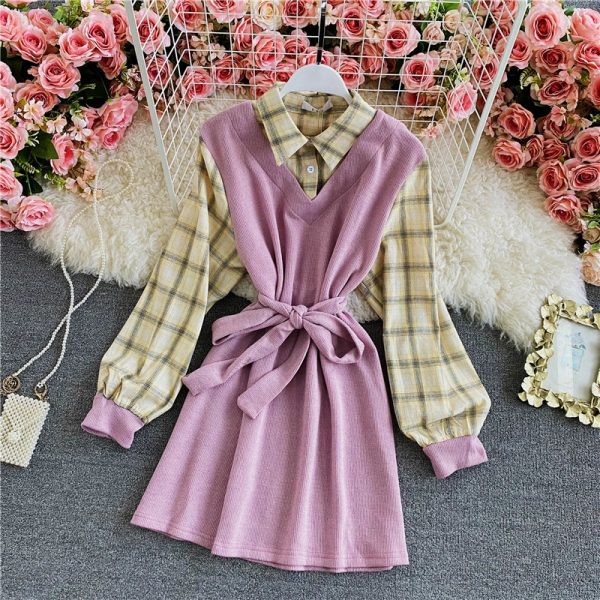 Shirt skirt female spring and autumn new fake two-piece splicing long-sleeved plaid temperament Korean style waist short skirt - Image 5