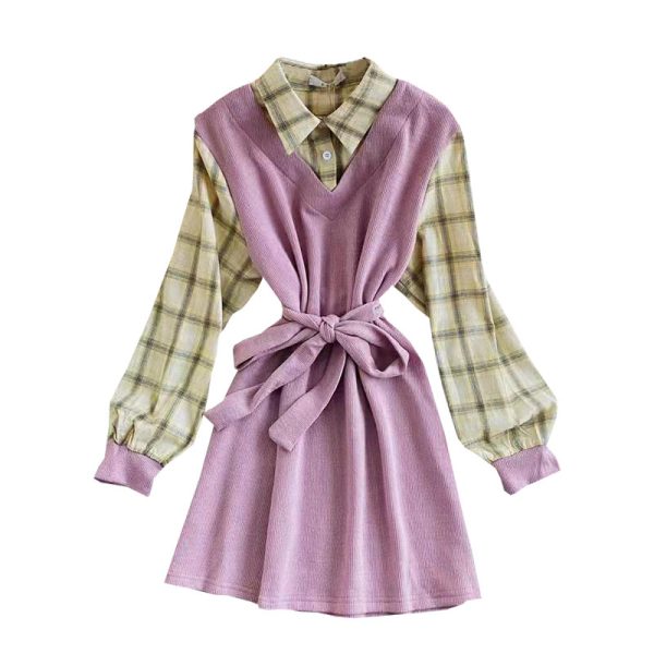 Shirt skirt female spring and autumn new fake two-piece splicing long-sleeved plaid temperament Korean style waist short skirt - Image 6