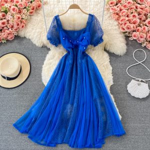 Gentle Large Swing Dress Summer Chic Fairy Sweet Cutout Lace Stitching Square Collar Chiffon Dress Short Sleeve