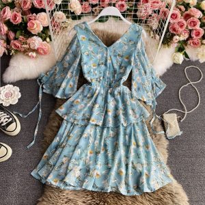 Beach Dress Women’s Seaside Holiday V-neck Dress New Inspirational Backless Waist Slimming Chiffon Floral Dress