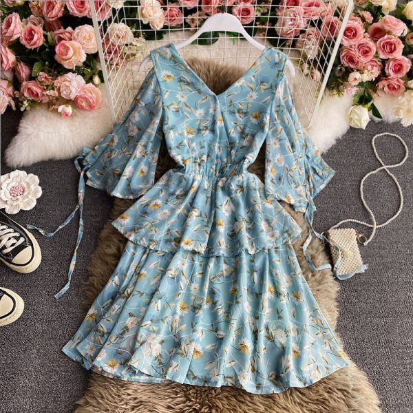 Beach Dress Women’s Seaside Holiday V-neck Dress New Inspirational Backless Waist Slimming Chiffon Floral Dress