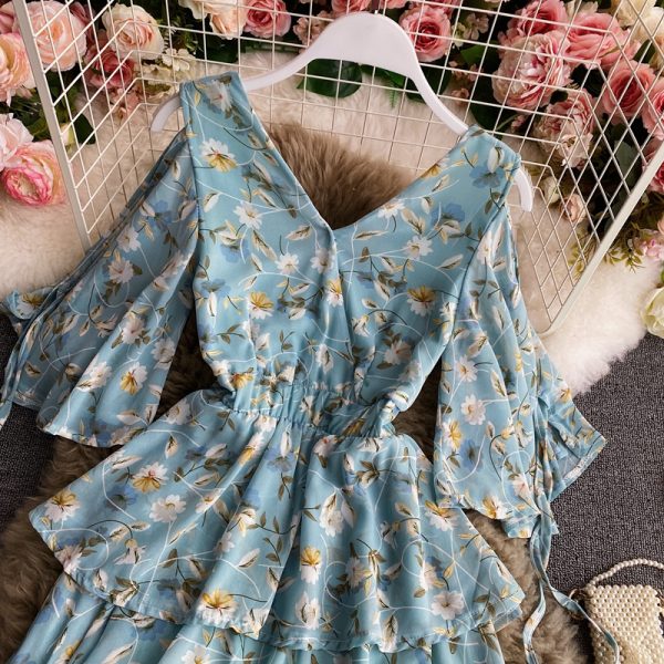 Beach Dress Women’s Seaside Holiday V-neck Dress New Inspirational Backless Waist Slimming Chiffon Floral Dress - Image 3
