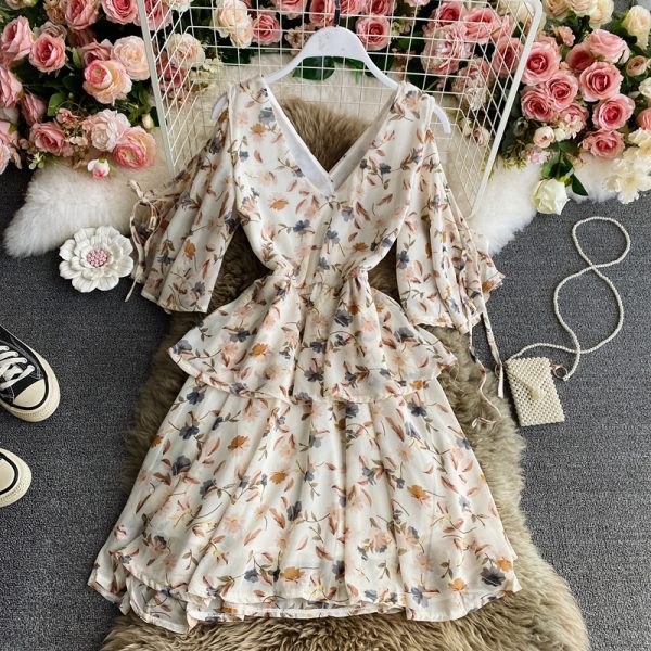 Beach Dress Women’s Seaside Holiday V-neck Dress New Inspirational Backless Waist Slimming Chiffon Floral Dress - Image 4