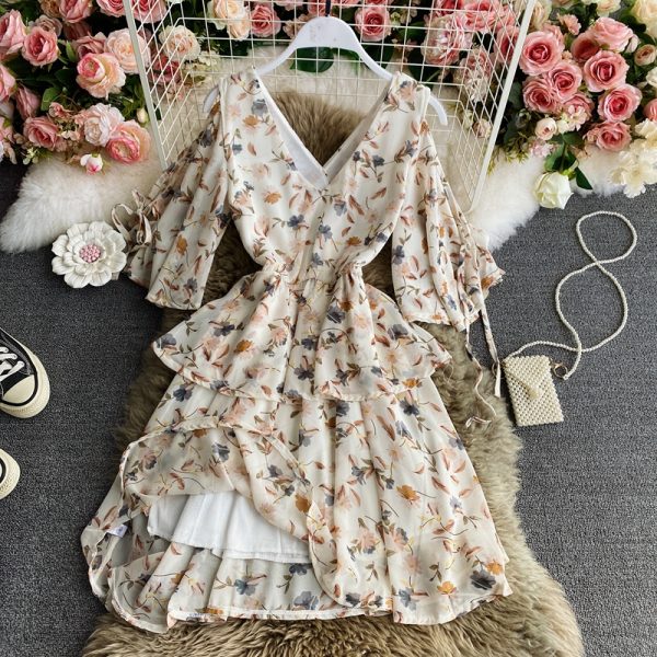 Beach Dress Women’s Seaside Holiday V-neck Dress New Inspirational Backless Waist Slimming Chiffon Floral Dress - Image 5