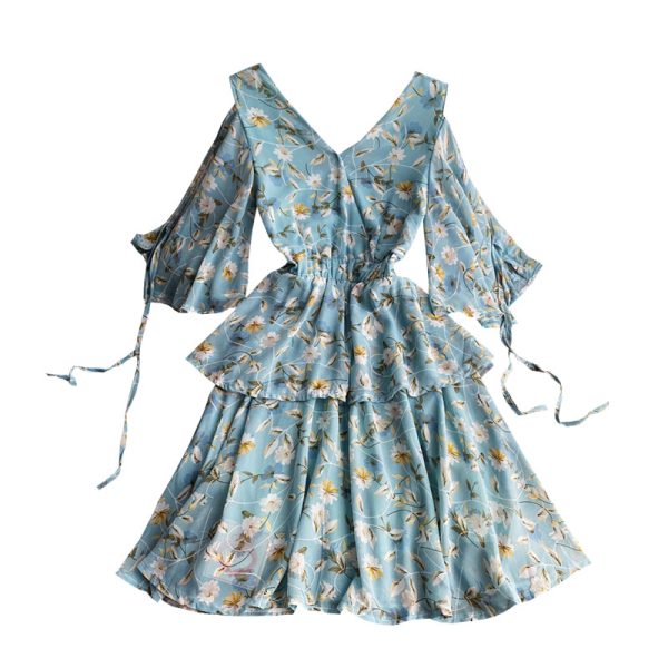 Beach Dress Women’s Seaside Holiday V-neck Dress New Inspirational Backless Waist Slimming Chiffon Floral Dress - Image 6