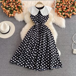 Polka dot long skirt female retro Hepburn style big swing waist slim slimming doll collar sleeveless dress summer