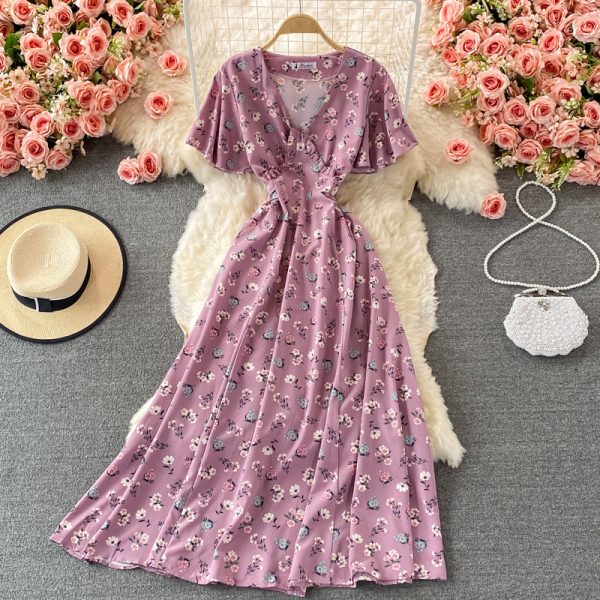 V-neck Floral Dress for Women Summer New French Style Retro Waist-Controlled Slimming Temperament Ethereal Swing Dress - Image 3