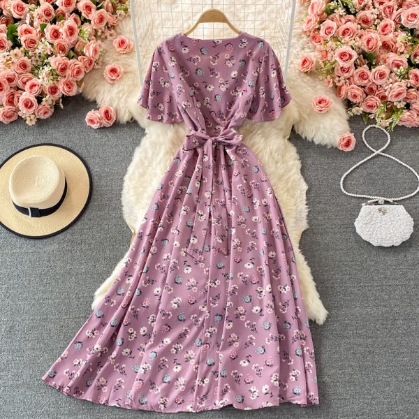 V-neck Floral Dress for Women Summer New French Style Retro Waist-Controlled Slimming Temperament Ethereal Swing Dress - Image 5