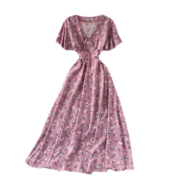 V-neck Floral Dress for Women Summer New French Style Retro Waist-Controlled Slimming Temperament Ethereal Swing Dress - Image 6