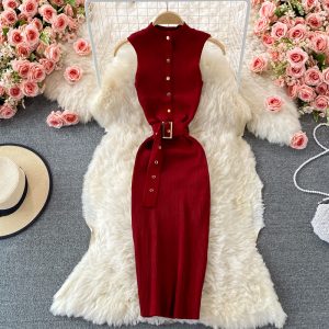 European and American stand-up collar and buckle Slim waist elastic knitting waist thinner mid-length bag hip bottoming skirt