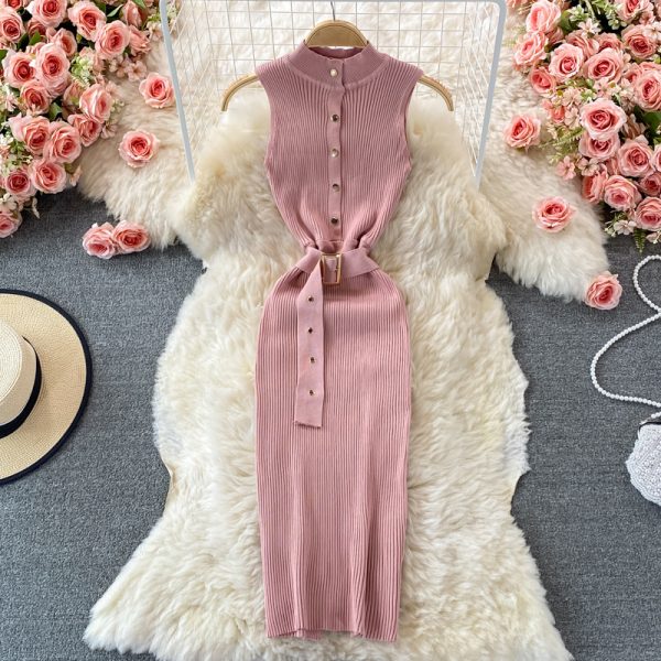 European and American stand-up collar and buckle Slim waist elastic knitting waist thinner mid-length bag hip bottoming skirt - Image 3