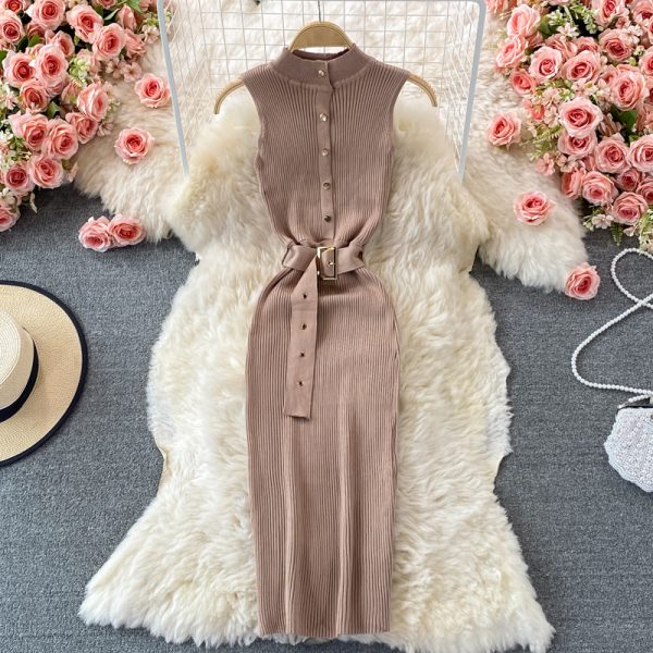 European and American stand-up collar and buckle Slim waist elastic knitting waist thinner mid-length bag hip bottoming skirt - Image 4