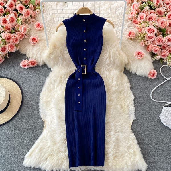 European and American stand-up collar and buckle Slim waist elastic knitting waist thinner mid-length bag hip bottoming skirt - Image 5